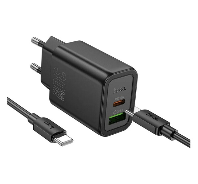 N63 hálózati töltő USB+Type-C aljzat (30W, PD gyorstöltő 3.0 + Type-C kábel) FEKETE