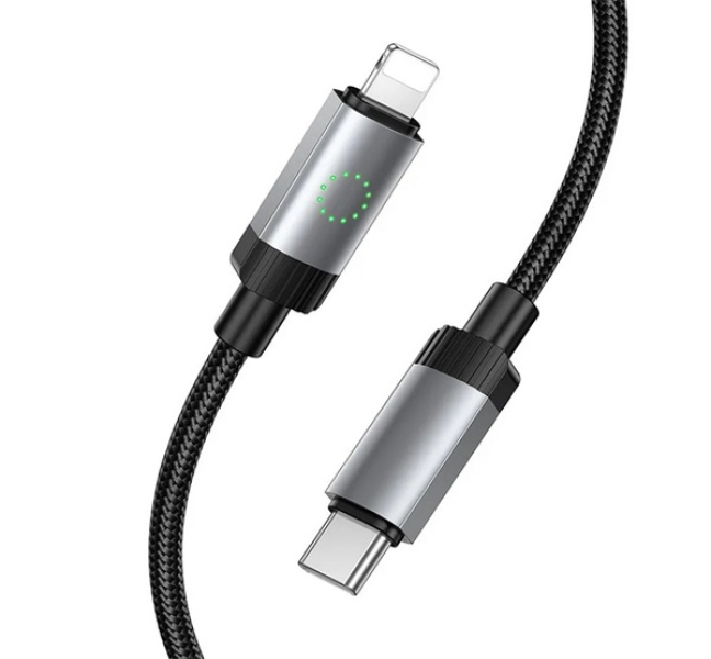 X117 adatkábel (Type-C - lightning, 27W, gyorstöltő, LED jelzés, cipőfűző, 100cm) FEKETE