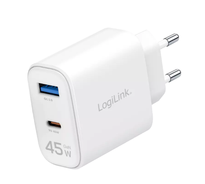 Logilink Kettős USB aljzatú adapter, 45 W, GaN, 1x USB-A, 1x USB-C, fehér
