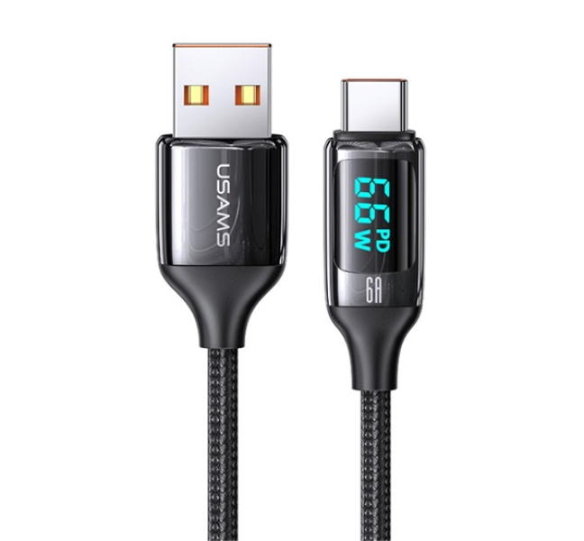 U78 adatkábel (USB - Type-C, 65W, PD gyorstöltő, 120cm, cipőfűző, LED kijelző) FEKETE