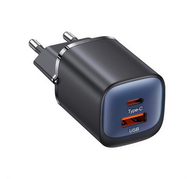 CC254 hálózati töltő USB+Type-C aljzat (30W, GaN, PD gyorstöltő) FEKETE
