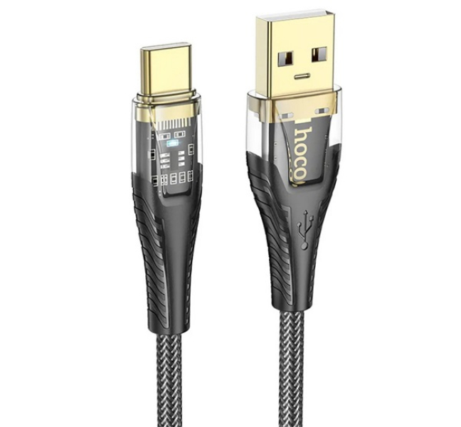 U121 adatkábel (USB - Type-C, 2.4A, gyorstöltő, LED jelzés, cipőfűző, 120cm) FEKETE
