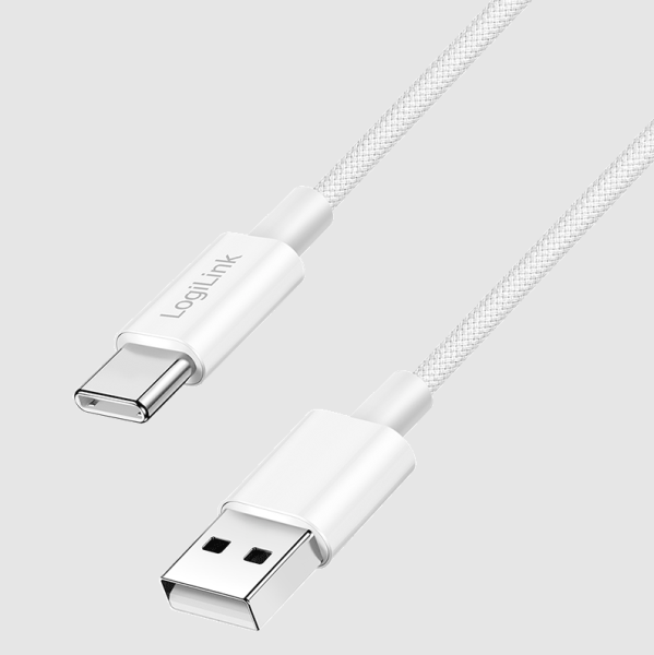 Logilink USB 2.0 Type-C kábel, C/M - A/M, 480 Mbps, 60W, nejlon, fehér, 0,5 m