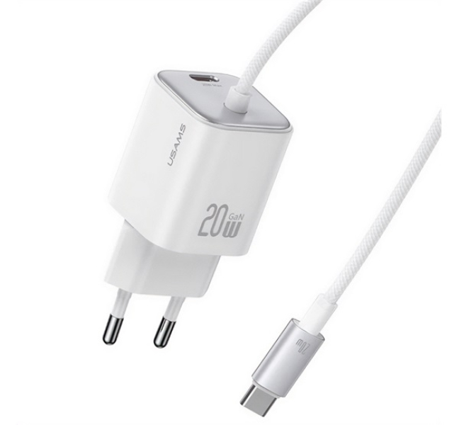 JC MINI hálózati töltő Type-C aljzat (20W, PD gyorstöltő, GaN + fix Type-C kábel) FEHÉR