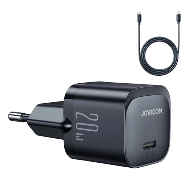 MINI hálózati töltő Type-C aljzat (20W, PD gyorstöltő + Type-C kábel) FEKETE