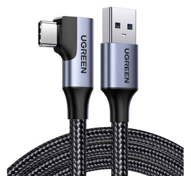 adatkábel (USB - Type-C, 3A, gyorstöltő 3.0, 100cm, 90 fokos, cipőfűző) FEKETE