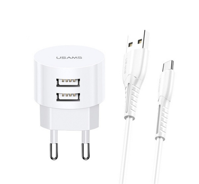 T20 hálózati töltő 2 USB aljzat (10W, gyorstöltő + microUSB kábel) FEHÉR