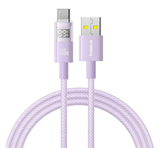 DISPLAY II adatkábel (USB - Type-C, 100W, gyorstöltő, cipőfűző, LED kijelző, 100cm) LILA