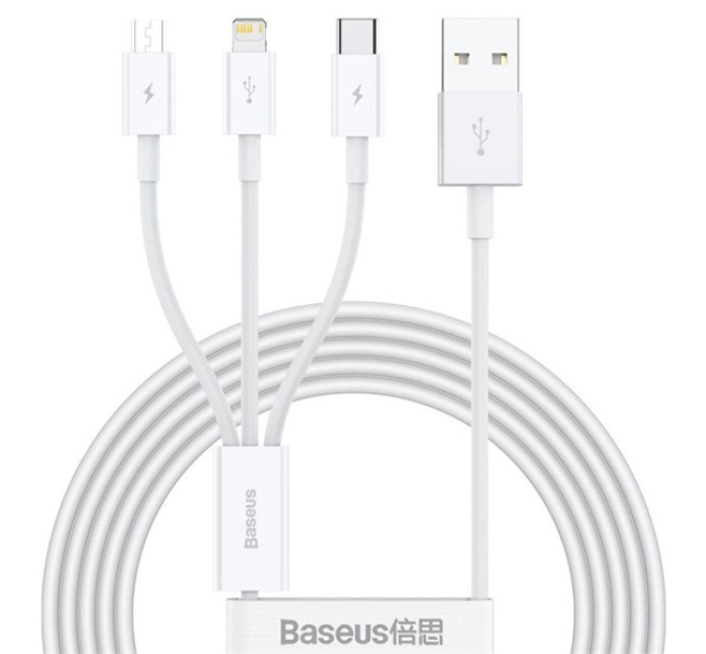 töltőkábel 3in1 (USB - lightning/microUSB/Type-C, gyorstöltő, 150cm) FEHÉRCAMLTYS-02