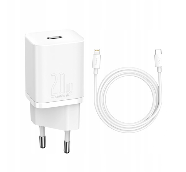 SUPER SI hálózati töltő Type-C aljzat (20W, PD gyorstöltő + Type-C - lightning kábel) FEHÉRTZ