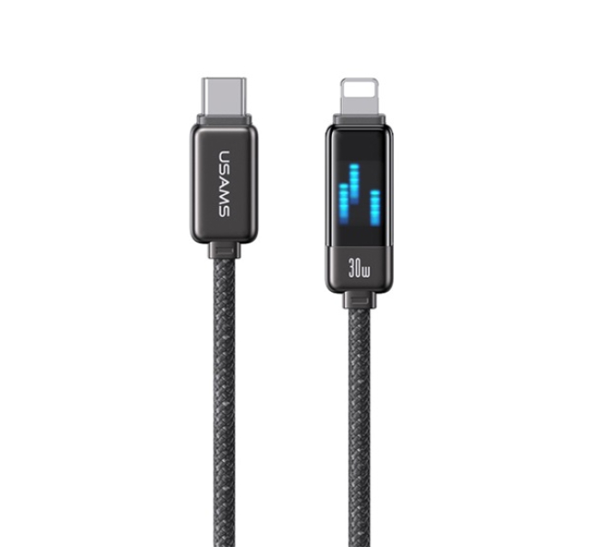 METEOR adatkábel (Type-C - lightning, 30W, PD gyorstöltő, cipőfűző, LED kijelző, 120cm) FEKETE