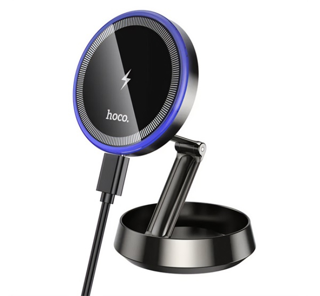 HW33 autós tartó (műszerfalra, mágneses, 360°, wireless, gyorstöltő, 15W, összehajtható) FEKETE