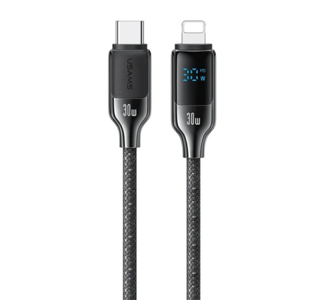 HX adatkábel (Type-C - lightning, 30W, PD gyorstöltő, 120cm, cipőfűző, LED kijelző) FEKETE
