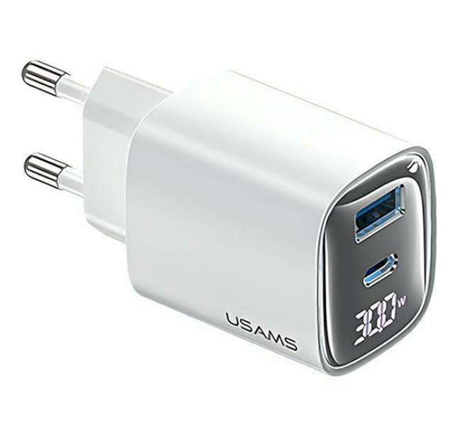 CC229 hálózati töltő USB+Type-C aljzat (30W, GaN, PD gyorstöltő, LED kijelző) FEHÉR