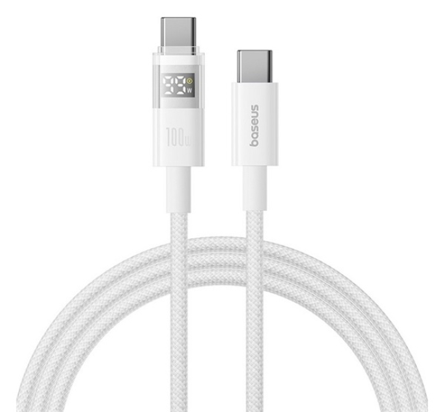 DISPLAY II adatkábel (Type-C - Type-C, 100W, gyorstöltő, cipőfűző, LED kijelző, 100cm) FEHÉR