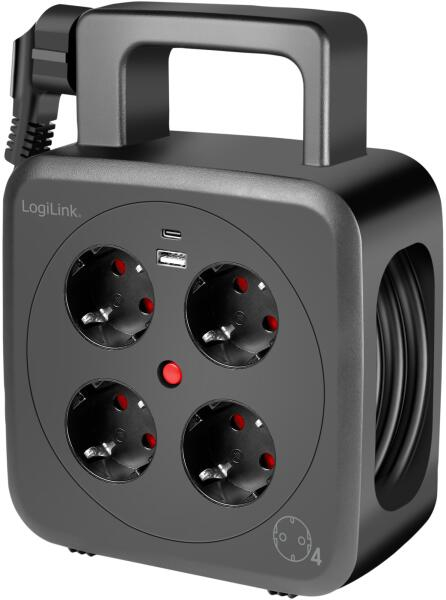 Logilink 5 m tápkábeldob, 4x AC aljzat, 1x USB-A, 1x USB-C, IP20, 3000 W