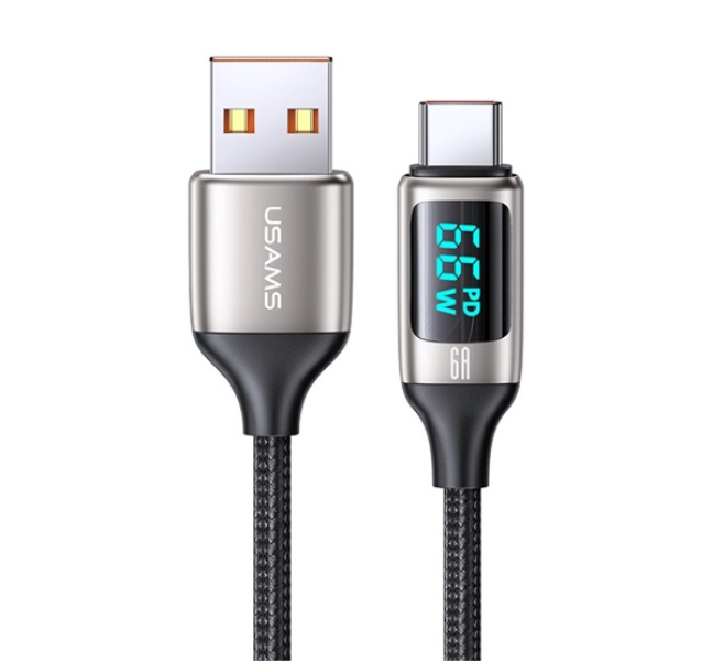 U78 adatkábel (USB - Type-C, 65W, PD gyorstöltő, 120cm, cipőfűző, LED kijelző) FEKETE/EZÜST
