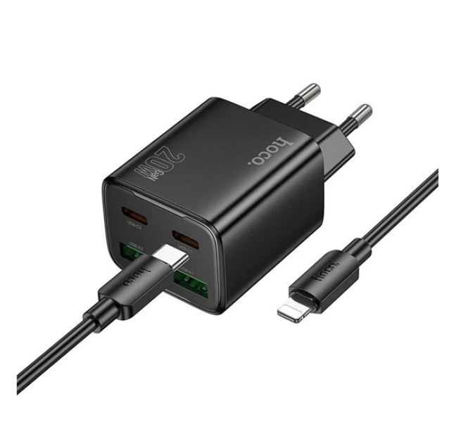 N55 hálózati töltő 2 USB+2 Type-C aljzat (20W, GaN, PD gyorstöltő 3.0 + lightning kábel) FEKETE