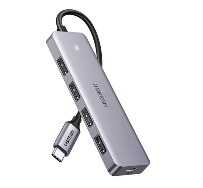 Type-C HUB 5in1 (elosztó, 4 USB+Type-C aljzat, 16cm) VILÁGOSSZÜRKE