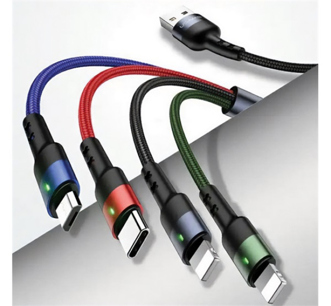 U26 adatkábel 4in1 (USB - 2 lightning/Type-C/microUSB, 2A, gyorstöltő, 120cm) FEKETE