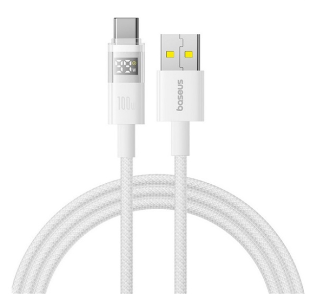 DISPLAY II adatkábel (USB - Type-C, 100W, gyorstöltő, cipőfűző, LED kijelző, 100cm) FEHÉR