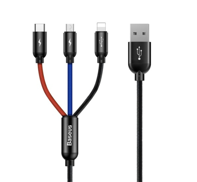 töltőkábel 3in1 (USB - lightning/Type-C/microUSB, gyorstöltő, 120cm) FEKETECAMLT-BSY01
