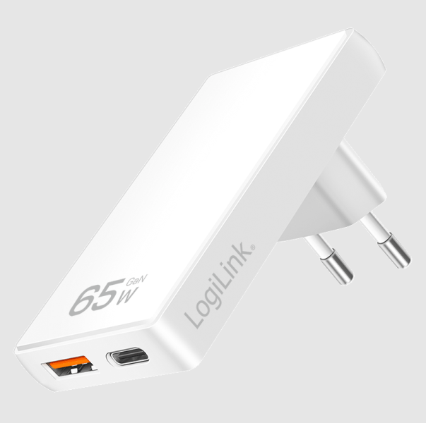 Logilink Kettős USB aljzat adapter, GaN, 65 W, USB-A, USB-C, extra vékony, fehér