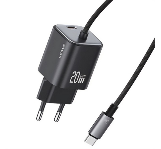 JC MINI hálózati töltő Type-C aljzat (20W, PD gyorstöltő, GaN + fix Type-C kábel) FEKETE