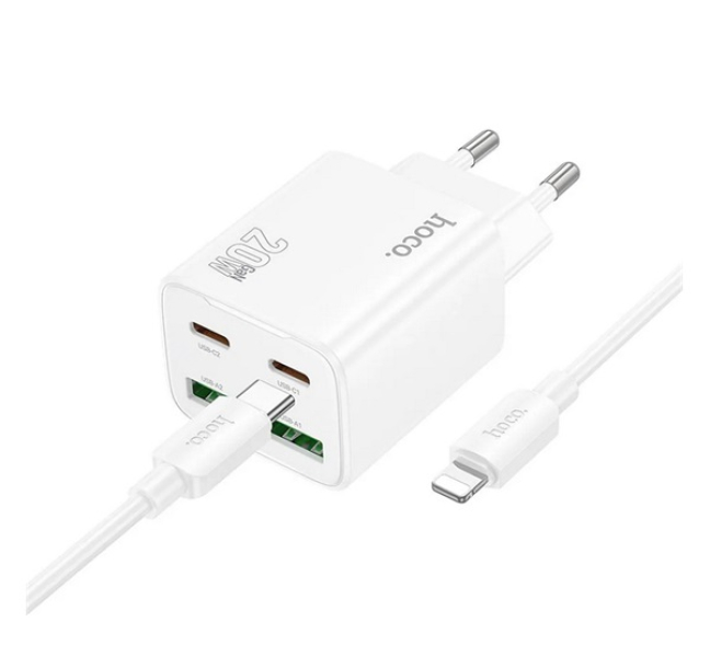 N55 hálózati töltő 2 USB+2 Type-C aljzat (20W, GaN, PD gyorstöltő 3.0 + lightning kábel) FEHÉR