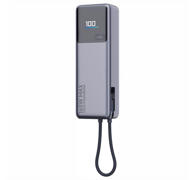 vésztöltő Type-C aljzat (10000mAh, 165W, gyorstöltő + fix Type-C kábel) SÖTÉTSZÜRKE