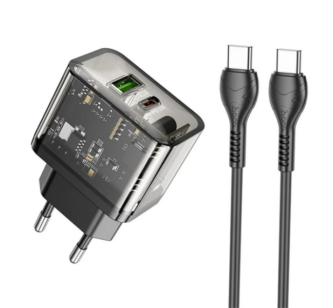 N34 hálózati töltő USB+Type-C aljzat (20W, PD gyorstöltő 3.0 + Type-C kábel) ÁTLÁTSZÓ