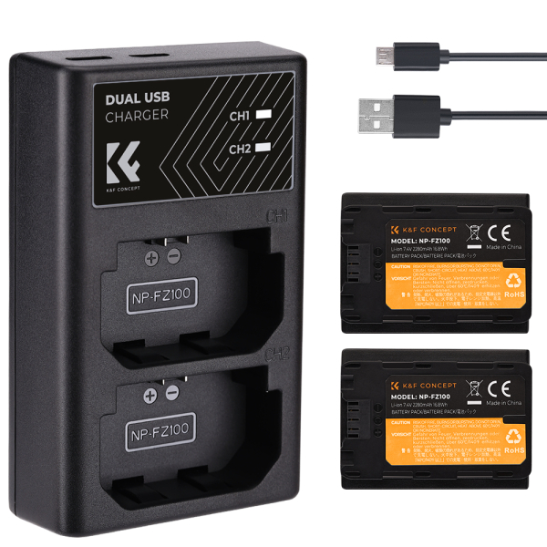 K&F Concept hordozható dupla USB-C akkumulátor BC-QZ1 töltő + 2db FZ100 akkumulátor 2280mAh (KF-28-0