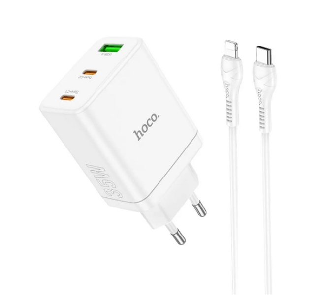 N33 hálózati töltő USB+2 Type-C aljzat (35W, PD gyorstöltő 3.0 + lightning kábel) FEHÉR