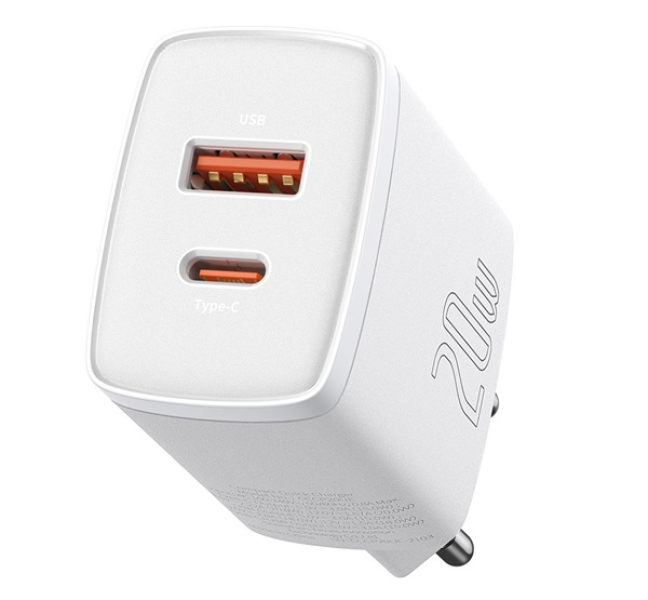 COMPACT hálózati töltő USB+Type-C aljzat (20W, PD gyorstöltő 3.0) FEHÉR