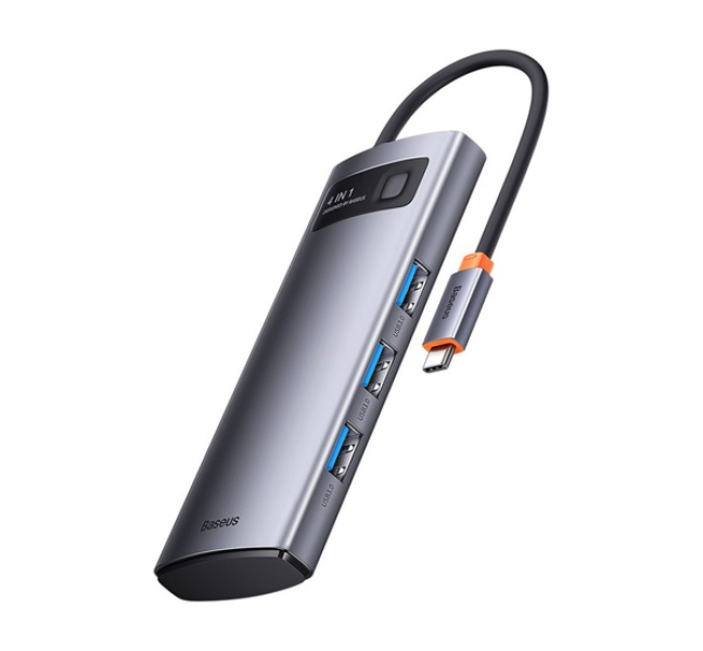 Type-C HUB 4in1 (aktív, elosztó, 4 USB aljzat, gyorstöltő) SÖTÉTSZÜRKE