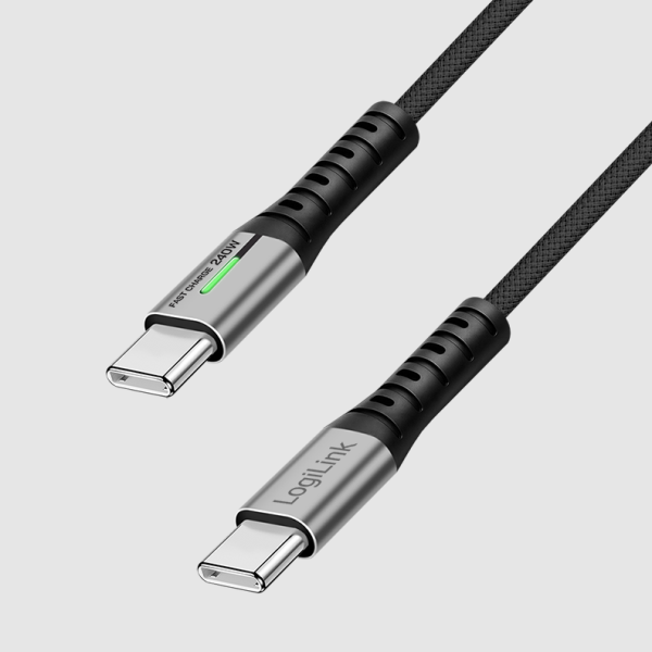 Logilink USB 3.2 Gen2x2 Type-C kábel, C/M - C/M, 20 Gbps, 240W, 4K, LED, fém, fekete, 1,5 m