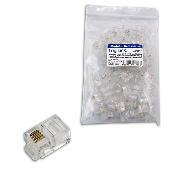 RJ10 moduláris csatlakozó, 4P4C, árnyékolatlan, 100 db