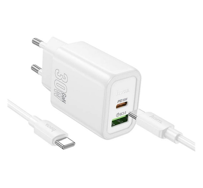 N63 hálózati töltő USB+Type-C aljzat (30W, PD gyorstöltő 3.0 + Type-C kábel) FEHÉR