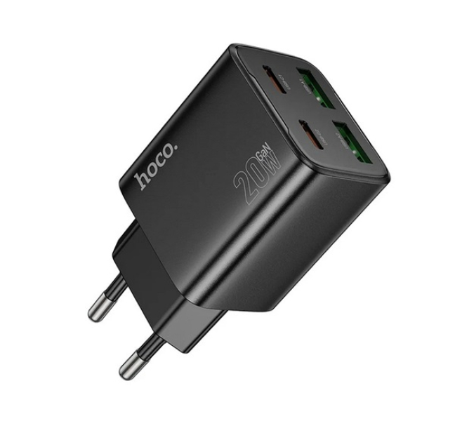 N55 hálózati töltő 2 USB+2 Type-C aljzat (20W, GaN, PD gyorstöltő 3.0) FEKETE