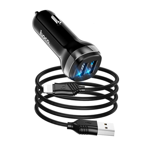 Z40 autós töltő 2 USB aljzat (12W, gyorstöltő, LED jelzés + lightning kábel) FEKETE
