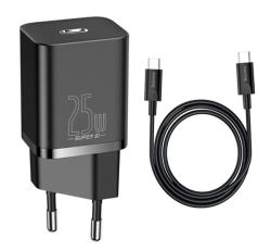 Baseus hálózati töltő Type-C aljzat (25W, PD gyorstöltő + Type-C kábel) FEKETECCCJG25CE_B