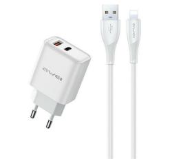 Awei PD81L-EU hálózati töltő USB+Type-C aljzat (22.5W, GaN, PD gyorstöltő + lightning kábel) FEHÉR