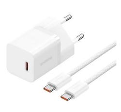Baseus GaN5 MINI 1C hálózati töltő Type-C aljzat (30W, PD gyorstöltő, GaN5 + Type-C kábel) FEHÉR