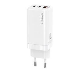 Usams MT hálózati töltő 2 Type-C+USB aljzat (65W, GaN, PD gyorstöltő 3.0) FEHÉR