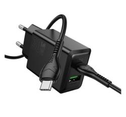 HOCO N71 hálózati töltő USB+Type-C aljzat (30W, PD gyorstöltő 3.0 + Type-C kábel) FEKETE