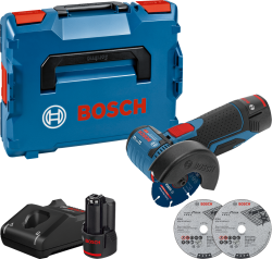 Bosch GWS 12V-76 akkus sarokcsiszoló akkuval, 2db darabolótárcsával, tárolóban (06019F200B)