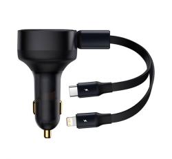 Baseus autós töltő (USB, 30W, PD gyorstöltő + Type-C/lightning kábel) FEKETECGTX000001
