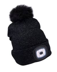 Extol Light sapka, fekete, pomponnal, kötött, kivehető LED homloklámpával(43196)