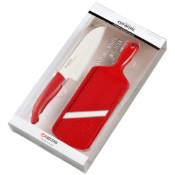 Kyocera kerámia kés készlet, Santoku kés + szeletelő piros (FK-140WH202RDS)