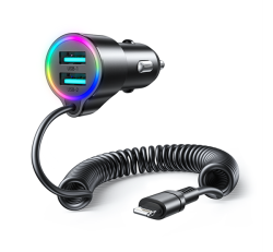 JOYROOM autós töltő 2 USB aljzat (17W, PD gyorstöltő 5.0 + fix lightning kábel) FEKETE